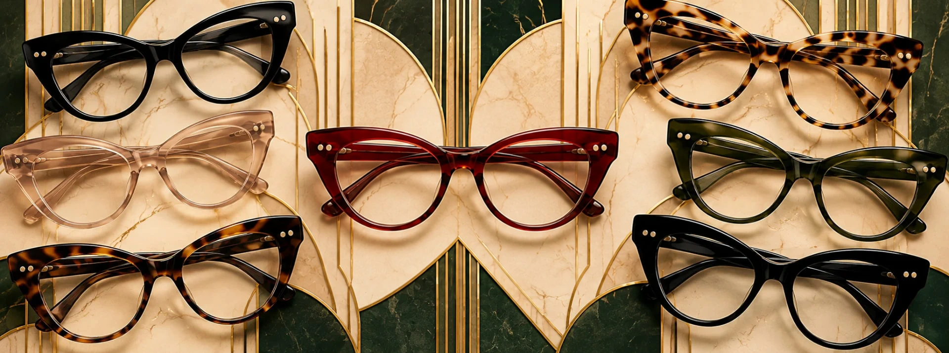 Colorful cat-eye eyewear arranged on marble with gold detailing