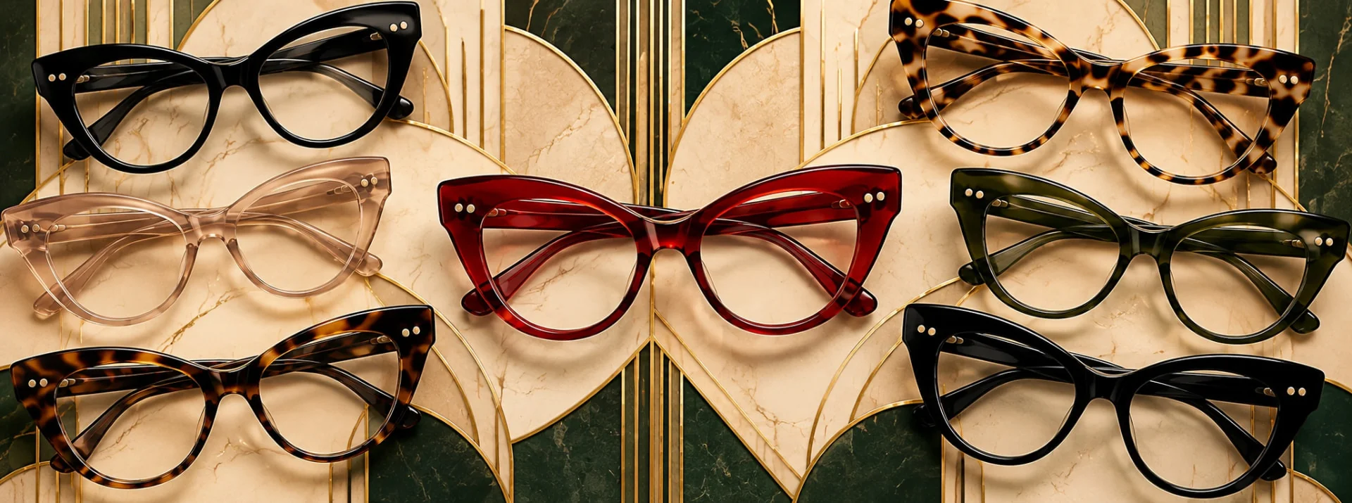 Colorful cat-eye eyewear arranged on marble with gold detailing